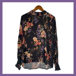Staccato Floral High Neck Blouse Long Sleeve Gathered Cuffs Black Purple Pink S